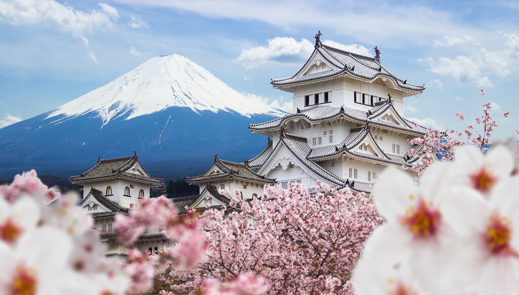 Himeji Castle with Fuji mountain in the background in Himeji