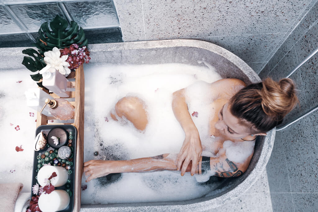 relaxing and enjoying a bath